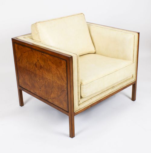 fig 6. Antique Pair Art Deco Burr Walnut & Cream Leather Armchairs Circa 1920