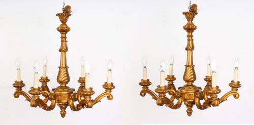 Antique Pair of Italian Giltwood Six Branch Chandeliers C1920