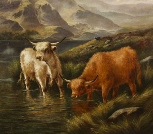 fig 2. Antique Large Pair Scottish Highland Cattle Oil Paintings 3ft5 x 4ft2 19th C