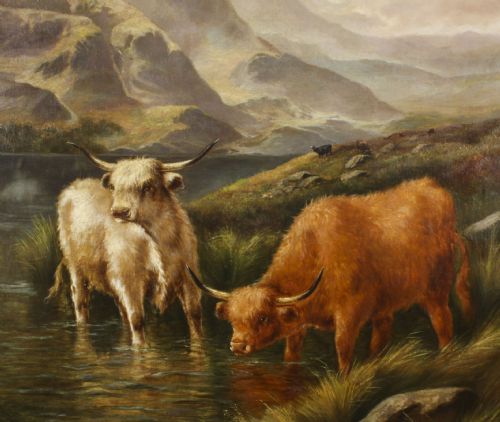 fig 3. Antique Large Pair Scottish Highland Cattle Oil Paintings 3ft5 x 4ft2 19th C