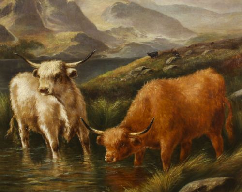 fig 4. Antique Large Pair Scottish Highland Cattle Oil Paintings 3ft5 x 4ft2 19th C