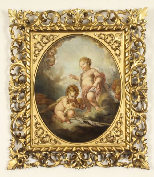 Antique Painting Boy Jesus in Florentine Frame 19th Century