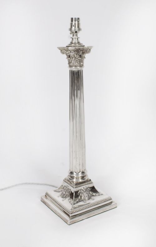 Antique Large Victorian Silver Plated Corinthian Column Table Lamp 19th C