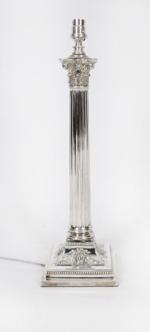fig 1. Antique Large Victorian Silver Plated Corinthian Column Table Lamp 19th C