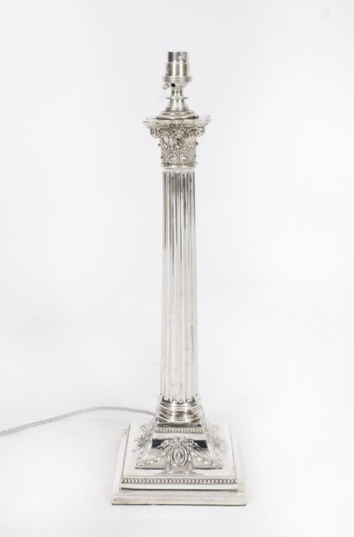 fig 3. Antique Large Victorian Silver Plated Corinthian Column Table Lamp 19th C