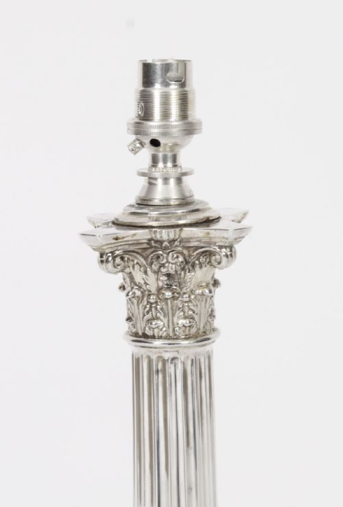 fig 4. Antique Large Victorian Silver Plated Corinthian Column Table Lamp 19th C