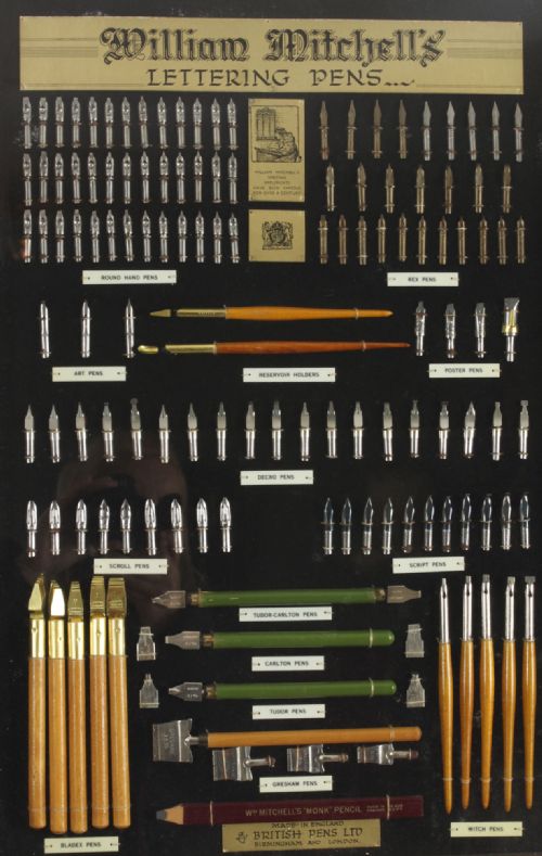 fig 1. Antique Framed Display of Lettering Pens Nibs William Mitchell Circa 1920
