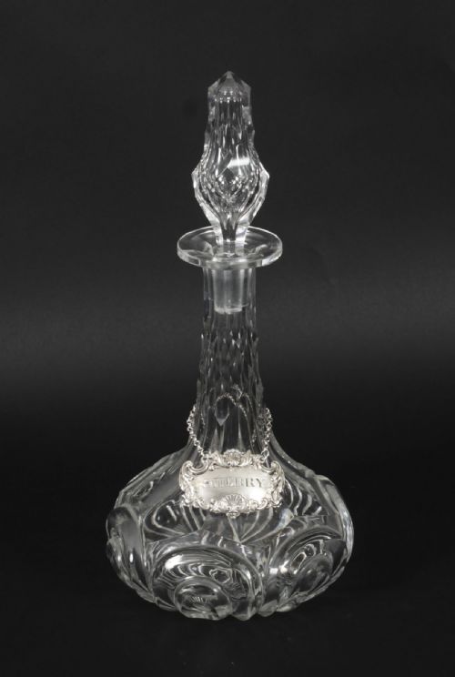 Antique Cut Glass Ship's Sherry Decanter with Silver Label Circa 1920