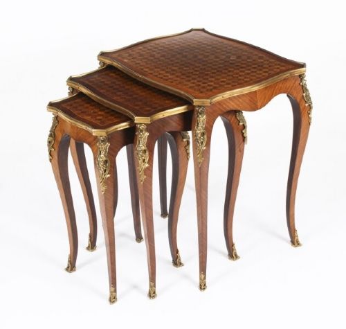 Antique French Louis Xv Revival Ormolu Mounted Nest of 3 Tables C1880