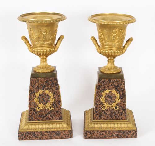 Antique Pair Large 16inch Grand Tour Gilt Bronze Campana Urns Circa 1920