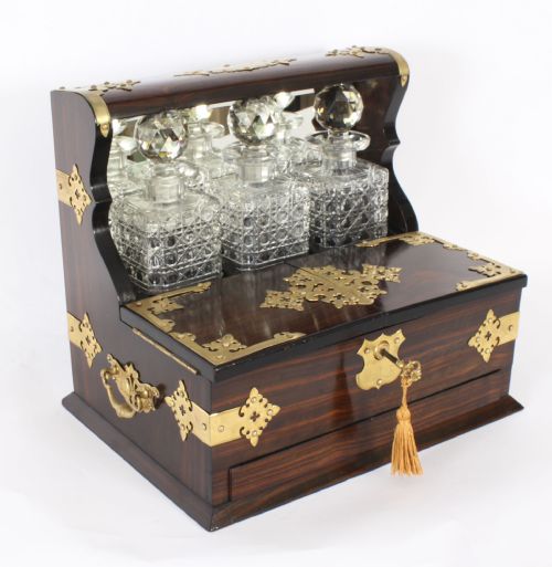 Antique Coromandel Three Crystal Decanter Tantalus & Games Drawer 19th C