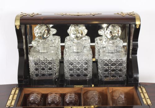 fig 2. Antique Coromandel Three Crystal Decanter Tantalus & Games Drawer 19th C