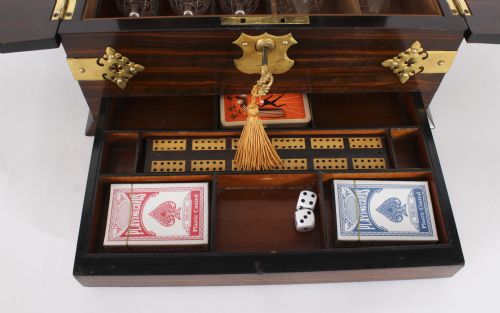 fig 3. Antique Coromandel Three Crystal Decanter Tantalus & Games Drawer 19th C
