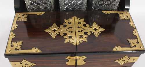 fig 6. Antique Coromandel Three Crystal Decanter Tantalus & Games Drawer 19th C