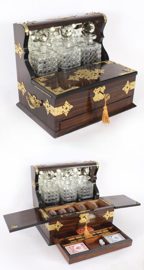 fig 1. Antique Coromandel Three Crystal Decanter Tantalus & Games Drawer 19th C