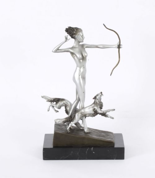 fig 1. Antique Art Deco Revival Bronze Diana the Huntress Josef Lorenzl 20th C