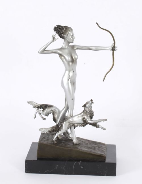 fig 2. Antique Art Deco Revival Bronze Diana the Huntress Josef Lorenzl 20th C