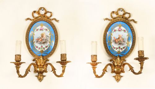 Antique Pair Ormolu & Sevres Porcelain Two Branch Wall Lights Sconces 19th C