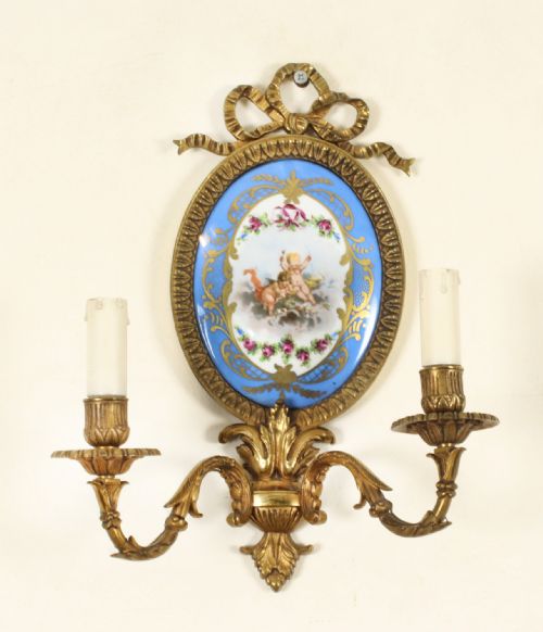 fig 1. Antique Pair Ormolu & Sevres Porcelain Two Branch Wall Lights Sconces 19th C