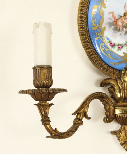 fig 2. Antique Pair Ormolu & Sevres Porcelain Two Branch Wall Lights Sconces 19th C