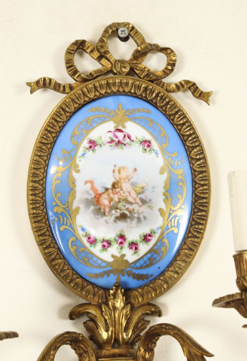fig 3. Antique Pair Ormolu & Sevres Porcelain Two Branch Wall Lights Sconces 19th C