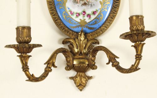 fig 6. Antique Pair Ormolu & Sevres Porcelain Two Branch Wall Lights Sconces 19th C