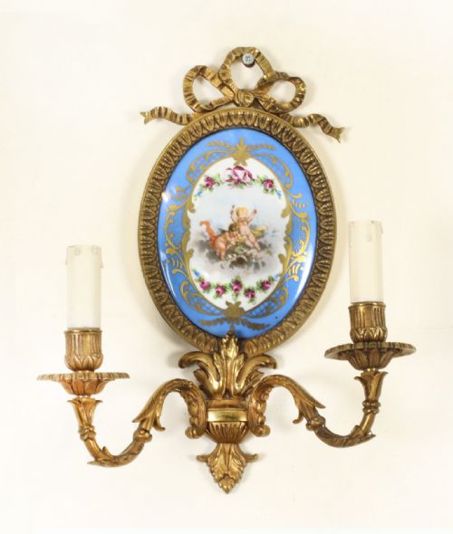 fig 8. Antique Pair Ormolu & Sevres Porcelain Two Branch Wall Lights Sconces 19th C