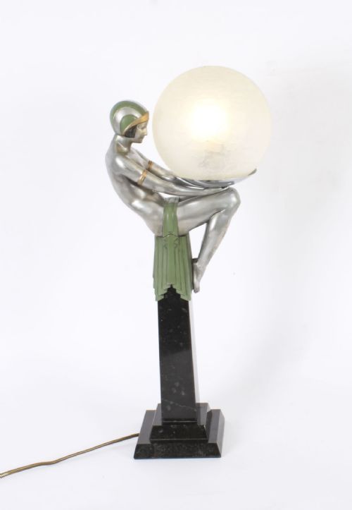 Antique Biba Silvered Art Deco Lady Sculpture Table Lamp Circa 1930