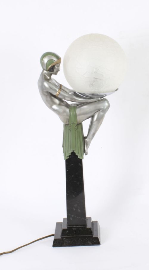 fig 1. Antique Biba Silvered Art Deco Lady Sculpture Table Lamp Circa 1930