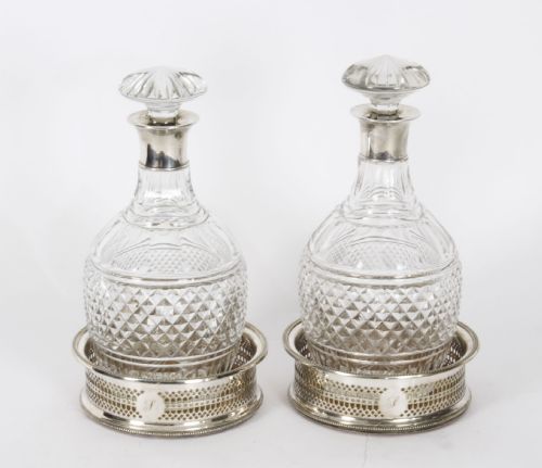 Antique Pair of Cut Crystal Glass Decanters Coaster Set 19th Century