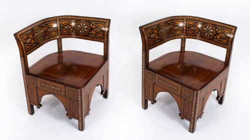 Antique Pair of Syrian Parquetry Inlaid Armchairs C1900