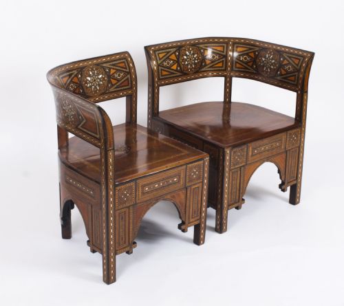 fig 1. Antique Pair of Syrian Parquetry Inlaid Armchairs C1900
