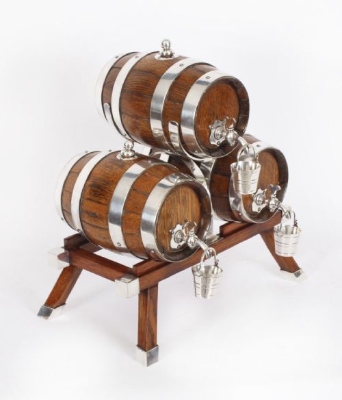 Antique Oak Silver Plated Three Oak Barrel Dispensers & Tot Pails 19th C
