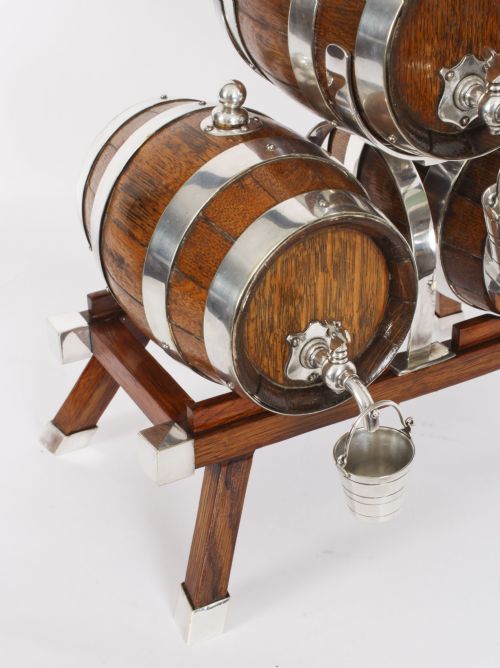fig 1. Antique Oak Silver plated Three Oak Barrel Dispensers & Tot Pails 19th C