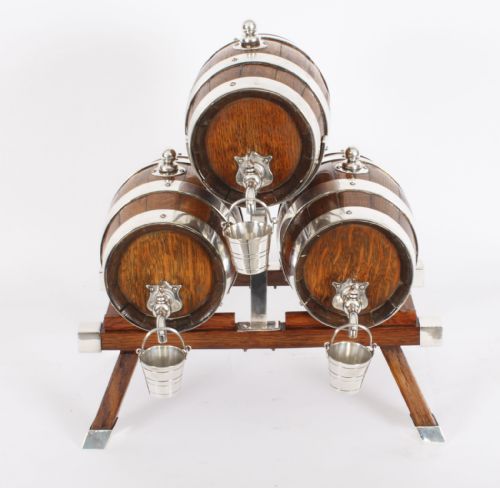 fig 2. Antique Oak Silver plated Three Oak Barrel Dispensers & Tot Pails 19th C