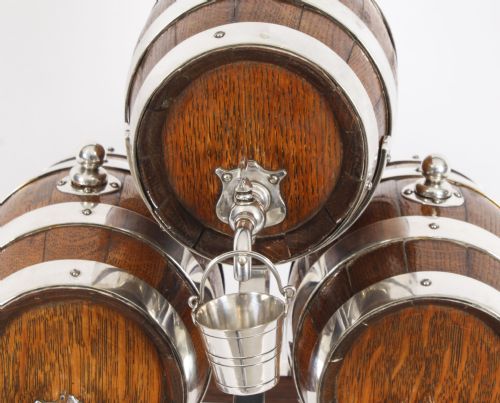 fig 3. Antique Oak Silver plated Three Oak Barrel Dispensers & Tot Pails 19th C