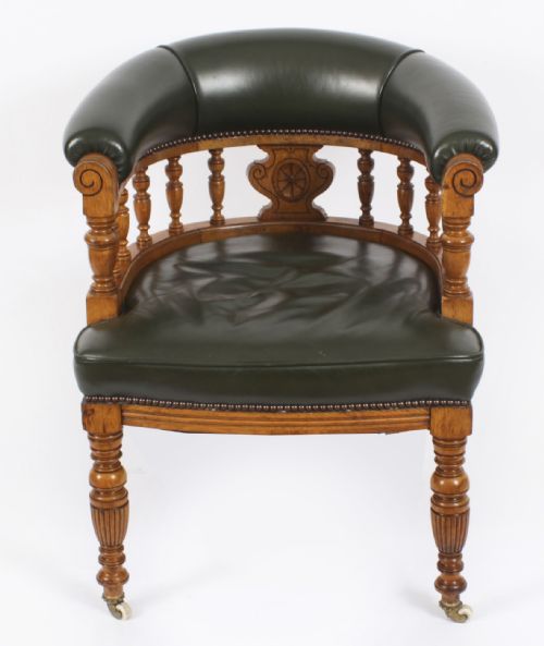 fig 1. Antique Edwardian Tub Desk Armchair Green Leather Upholstered Circa 1910