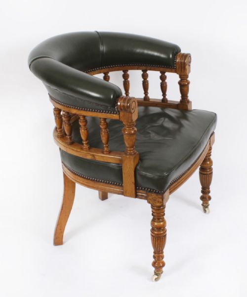 fig 2. Antique Edwardian Tub Desk Armchair Green Leather Upholstered Circa 1910