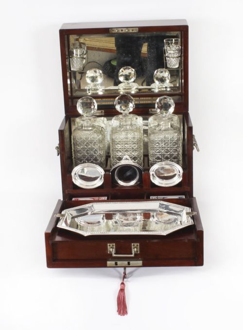 fig 1. Antique Victorian Shell Inlaid Three Bottle Tantalus & Games Compendium 19th C