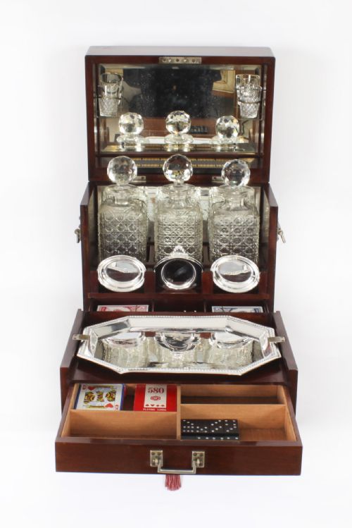 fig 2. Antique Victorian Shell Inlaid Three Bottle Tantalus & Games Compendium 19th C