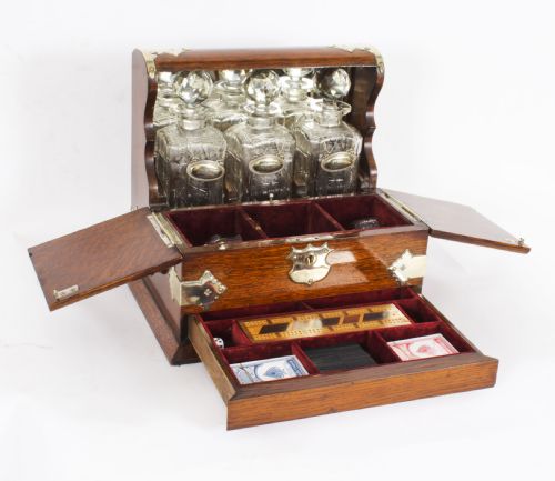fig 1. Antique English Victorian Golden Oak 3 Crystal Decanter Tantalus Dry Bar 19th C