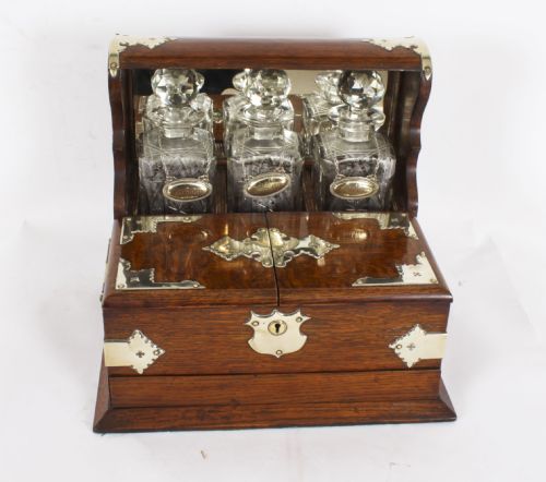 fig 2. Antique English Victorian Golden Oak 3 Crystal Decanter Tantalus Dry Bar 19th C
