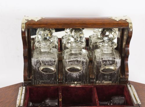 fig 3. Antique English Victorian Golden Oak 3 Crystal Decanter Tantalus Dry Bar 19th C