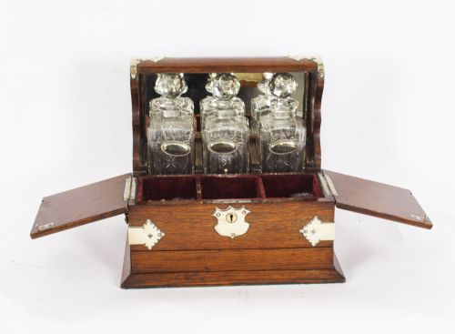 fig 4. Antique English Victorian Golden Oak 3 Crystal Decanter Tantalus Dry Bar 19th C