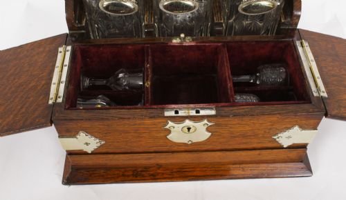fig 5. Antique English Victorian Golden Oak 3 Crystal Decanter Tantalus Dry Bar 19th C