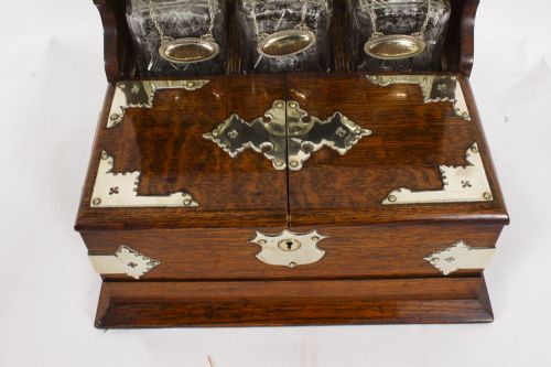 fig 9. Antique English Victorian Golden Oak 3 Crystal Decanter Tantalus Dry Bar 19th C