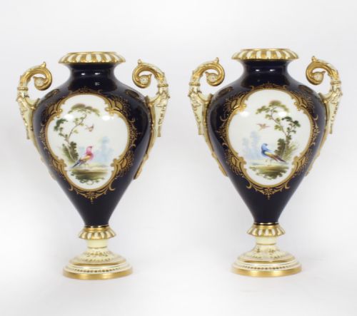 Antique Pair Coalport Vases Cobalt Blue by a Perry 19th C
