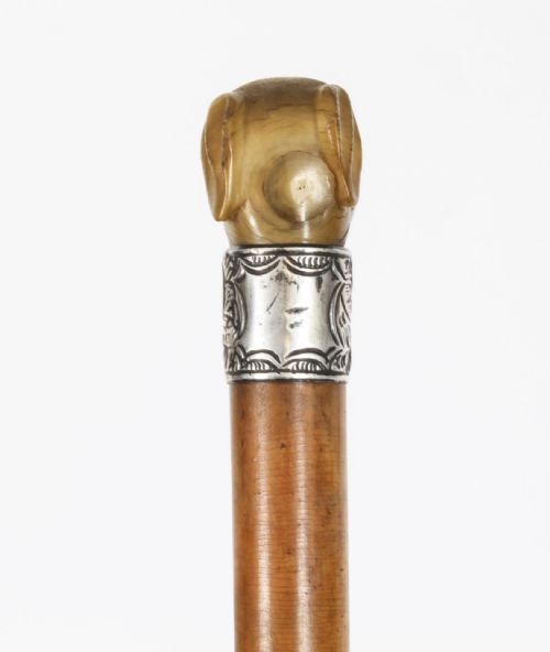 fig 2. Antique Walking Stick Cane with Carved Greyhound Handle Dated 1874 19th C