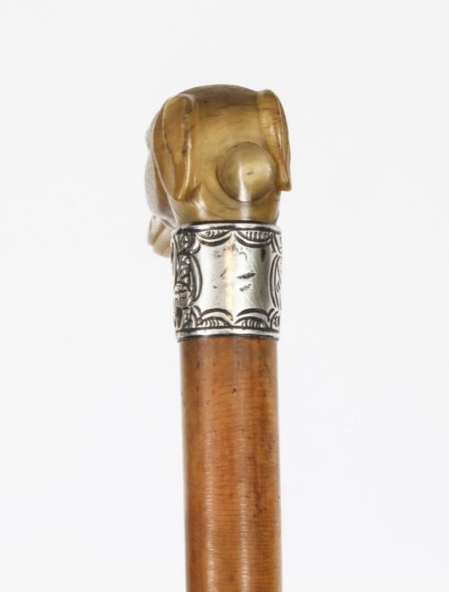 fig 3. Antique Walking Stick Cane with Carved Greyhound Handle Dated 1874 19th C