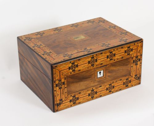 fig 1. Antique English Victorian inlaid tunbridge walnut jewellery casket 19th C
